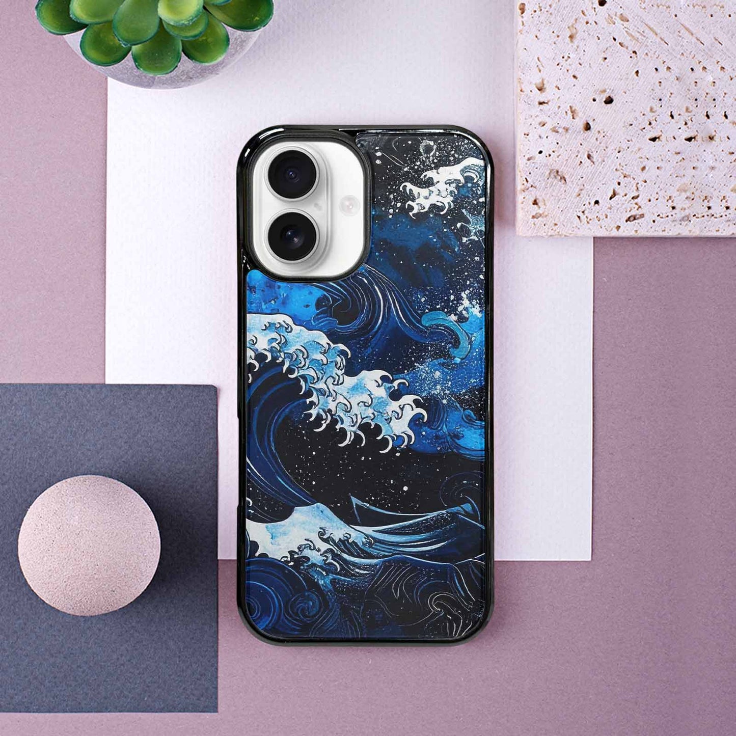 iPhone 16 Case — Nautical Wave Black Blue Ink Wave, Personalized Phone Case