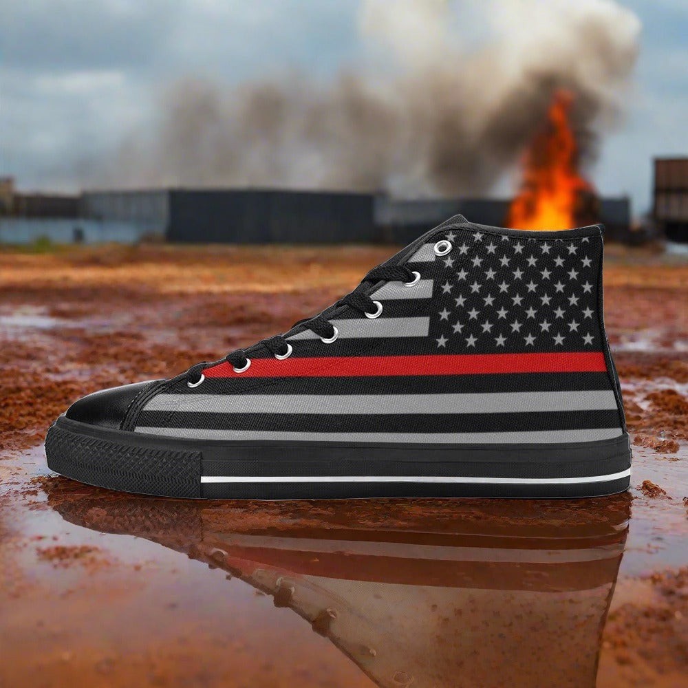 Men's Thin Red Line Flag Themed high-top canvas shoes, custom full-wrap printed design — Freaky Shoes