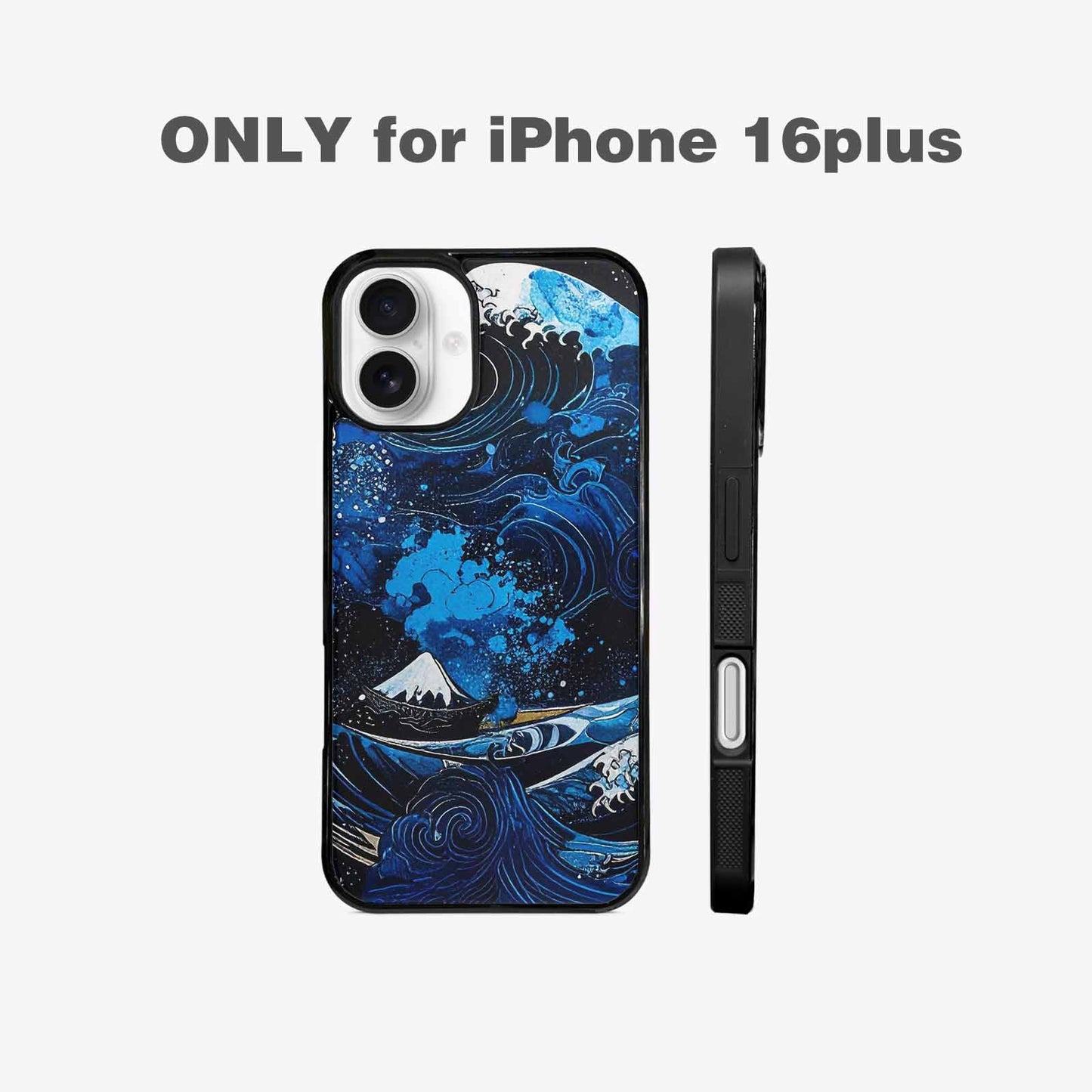 iPhone 16 Plus Case — Nautical Wave Black Blue Ink Wave, Custom Designed Case Cover