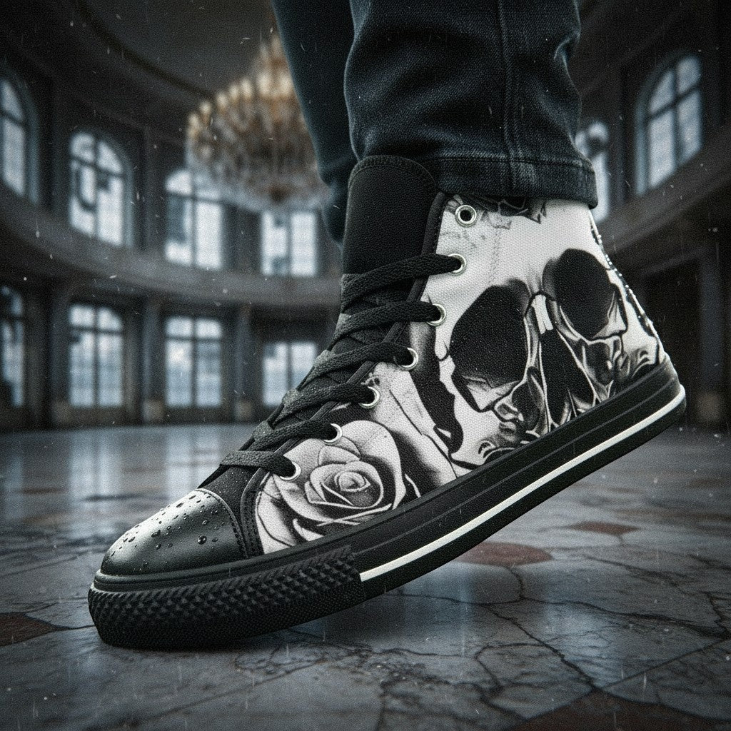 Custom Women's Grey Skull & Roses Black & White high-top canvas shoes with bold all-over art — Freaky Shoes