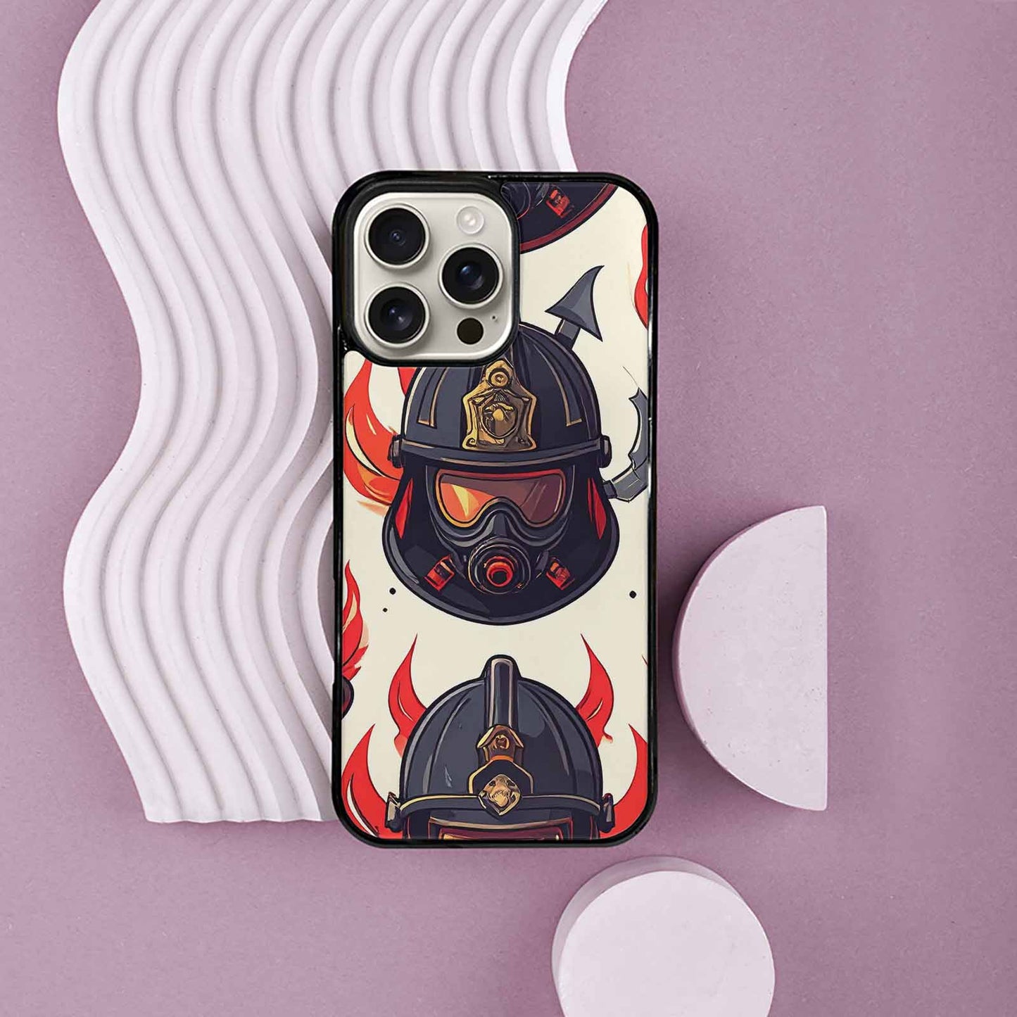 iPhone 16 Pro Max Case — Firefighter Pattern Flames Axes Helmets Seamless, Customized Protective Case