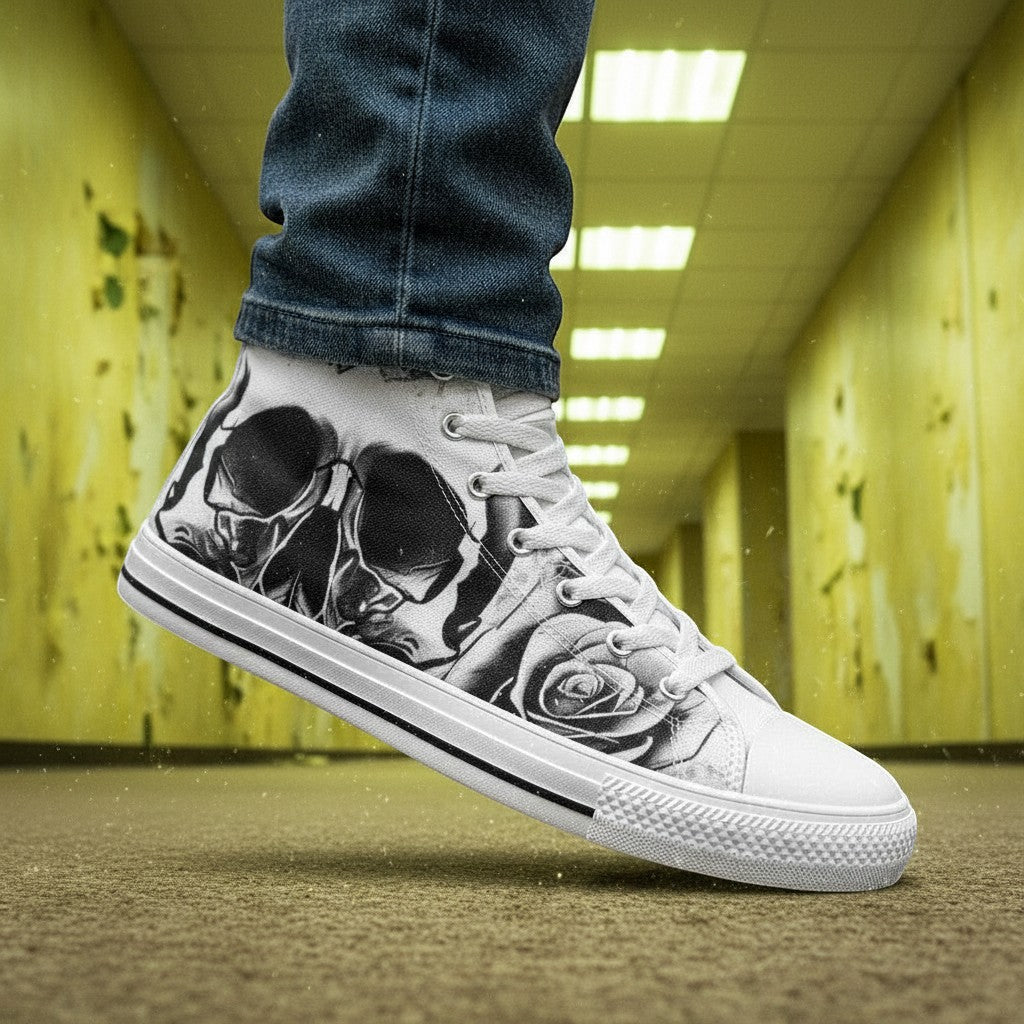 Custom Men's Grey Skull & Roses Black & White high-top canvas shoes with bold all-over art — Freaky Shoes