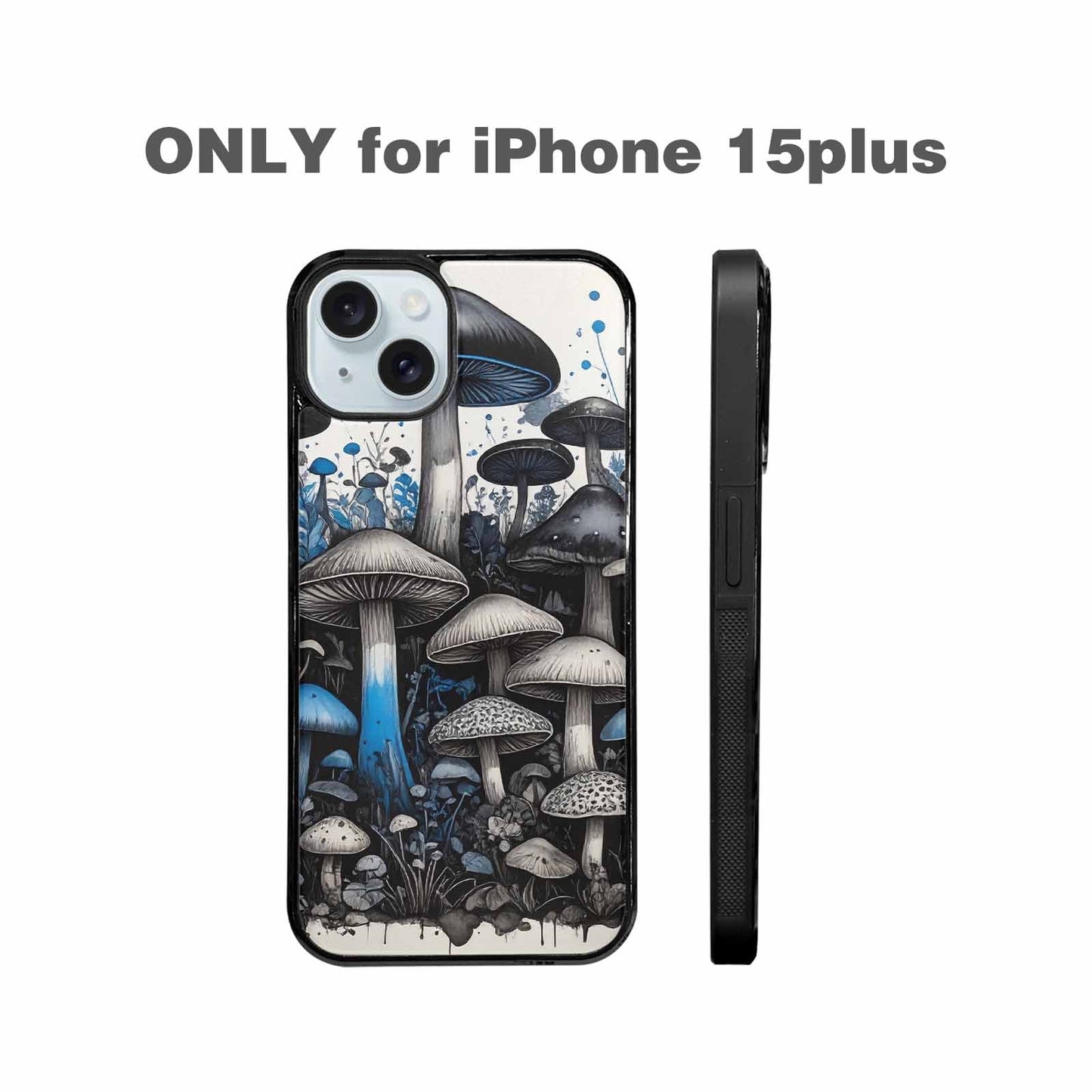 iPhone 15 Plus Case — Mushrooms General Black Blue Ink Mushrooms, Unique Phone Case Design