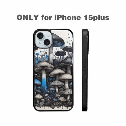 iPhone 15 Plus Case — Mushrooms General Black Blue Ink Mushrooms, Unique Phone Case Design
