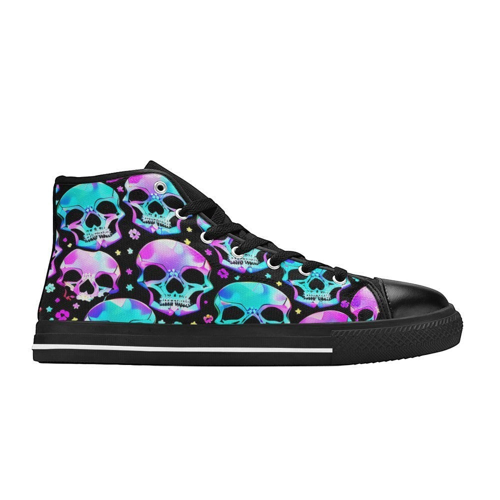 Freaky Shoes custom art sneakers with neon skull art in pink, blue, and purple on black canvas, made to order.