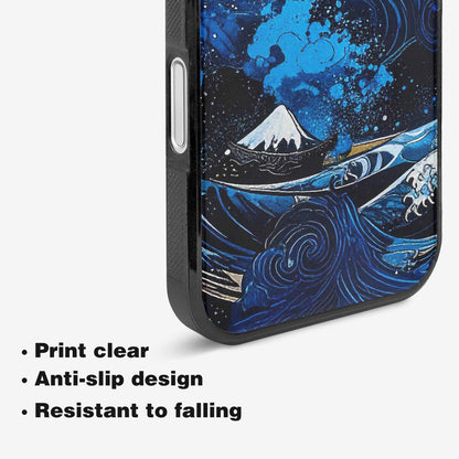 iPhone 16 Case — Nautical Wave Black Blue Ink Wave, Custom Phone Case