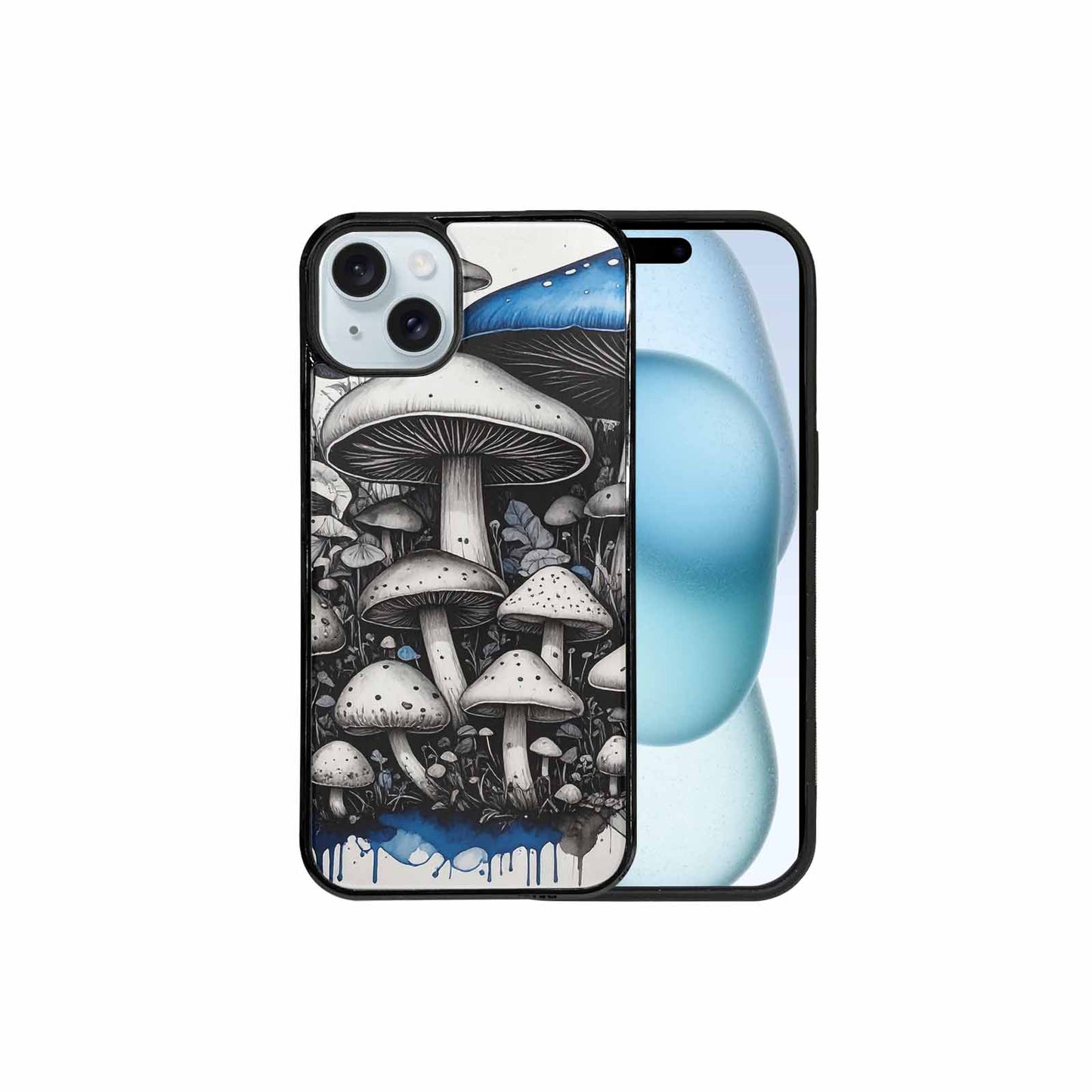 iPhone 15 Plus Case — Mushrooms General Black Blue Ink Mushrooms, Custom Art Phone Cover