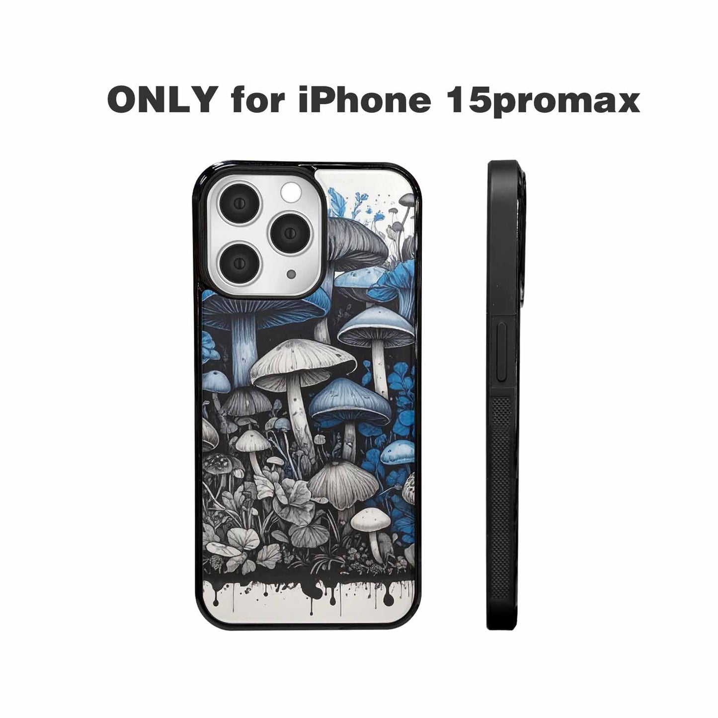 iPhone 15 Pro Max Case — Mushrooms General Black Blue Ink Mushrooms, Custom Designed Case Cover