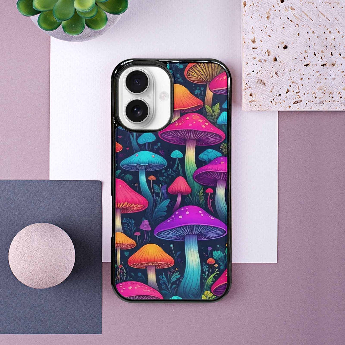 iPhone 16 Case — Mushroom Psychedelic Art Seamless Pattern Vibrant, Unique Phone Case Design