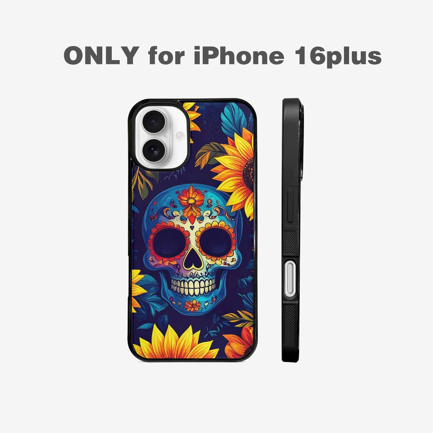 iPhone 16 Plus Case — Sunflower Skulls Print, Custom Phone Case