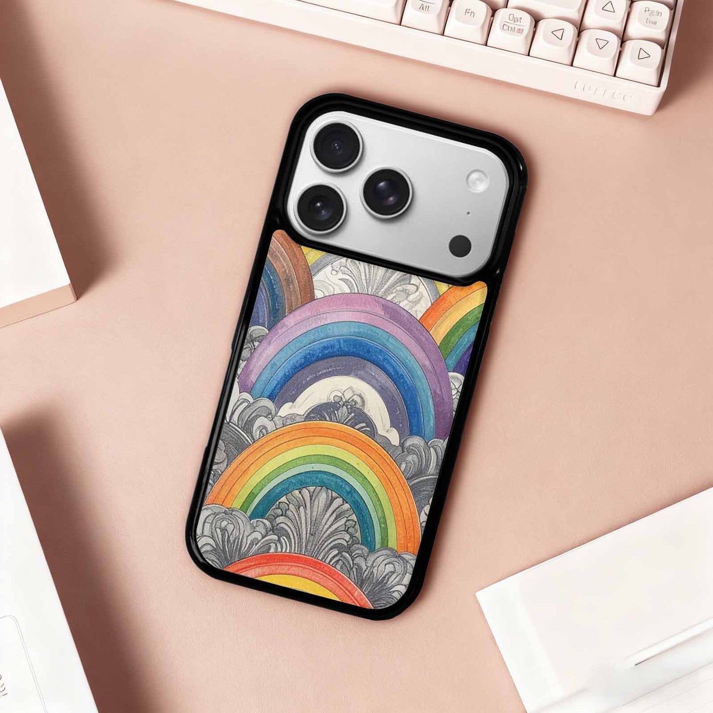 iPhone 17 Pro Case — Hand Drawn Damask Rainbow Original Art, Custom Printed Phone Case