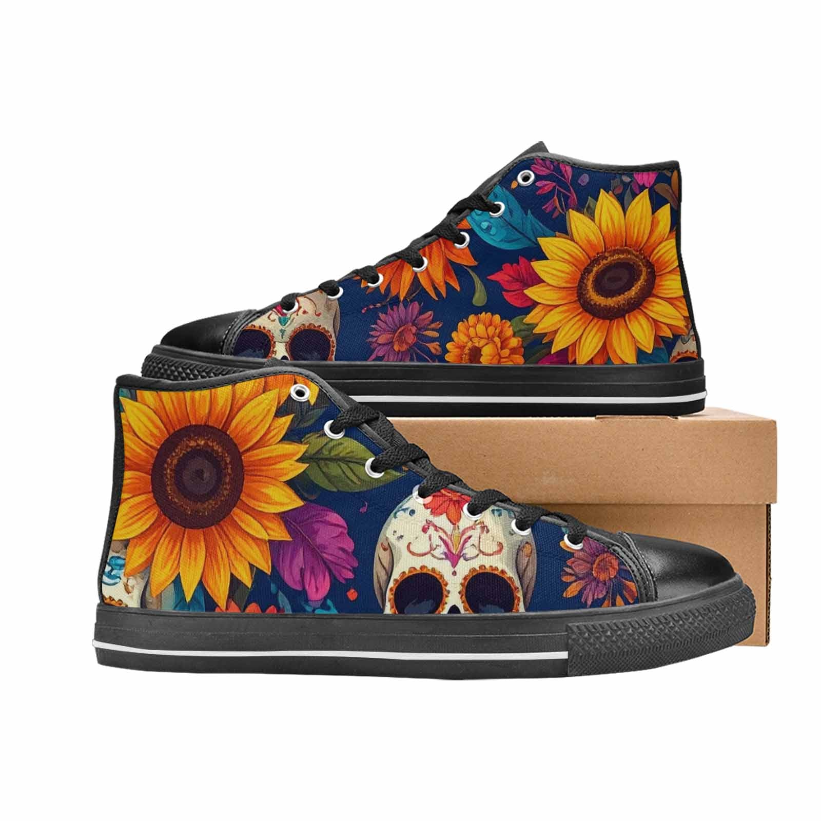WOMEN'S Sunflower Skulls Print High Top Canvas Wallpaper Art Custom Sneakers