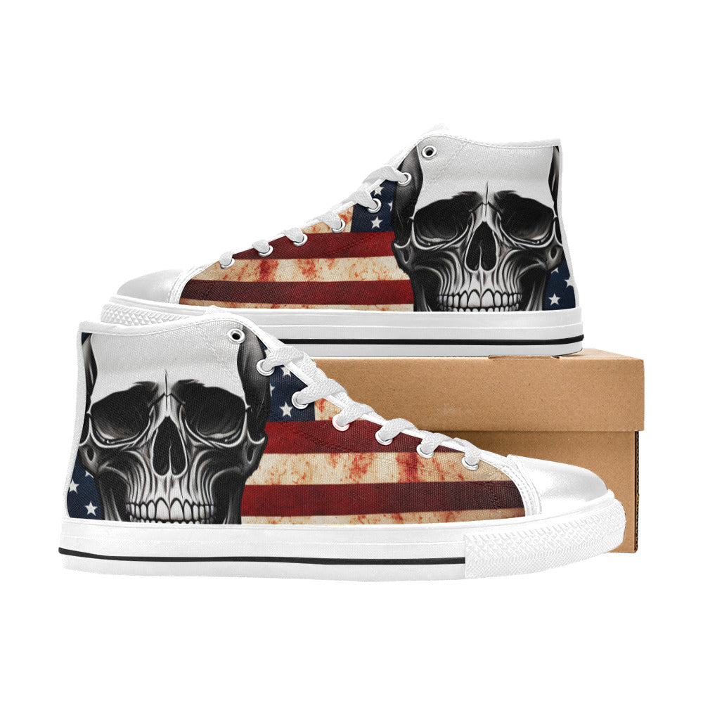 WOMEN'S Patriotic Skull Flag High Top Canvas Surreal Custom Sneakers