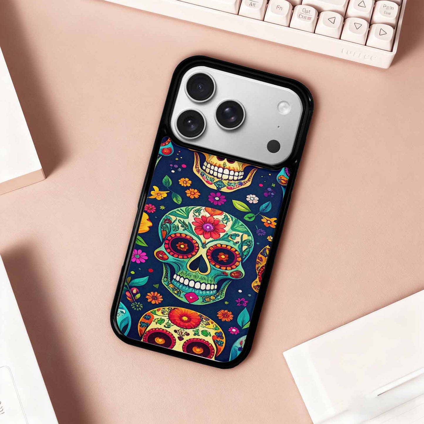 iPhone 17 Pro Case — Rainbow Sugar Skull Weave, Unique Phone Case Design