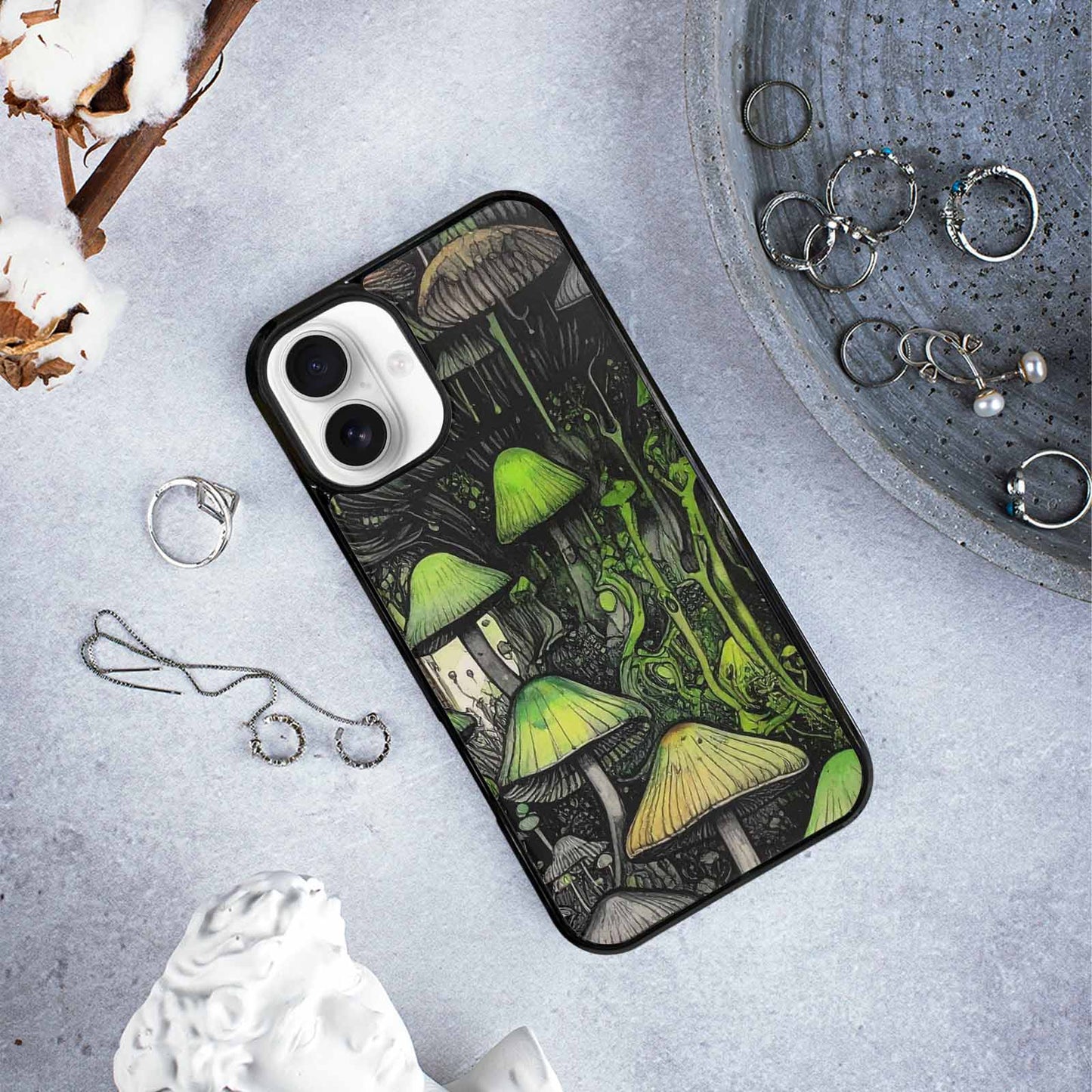 iPhone 16 Plus Case — Rainbow Drip Mushrooms Black Green Ink, Unique Phone Case Design