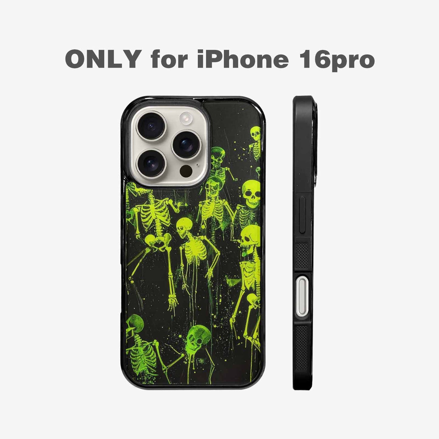 iPhone 16 Pro Case — Skeletons Neon Green Glow Skeletons Pattern, Custom Print Case Cover