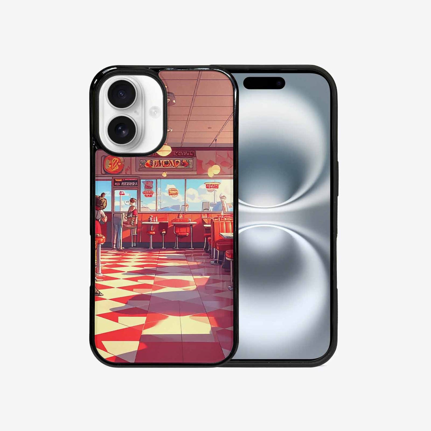 iPhone 16 Case — 1950s Diner Cartoon Art Pattern, Custom Print Case Cover