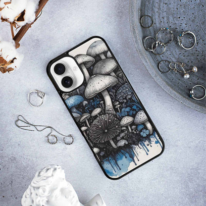 iPhone 16 Plus Case — Mushrooms General Black Blue Ink Mushrooms, Custom Art Phone Cover