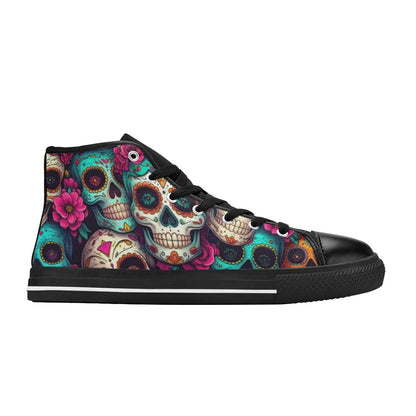 WOMEN'S Sugar Skull Gold Ornate High Top Canvas Wallpaper Art Sneakers