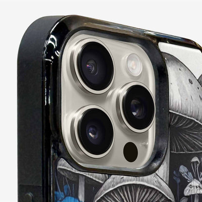 iPhone 16 Pro Max Case — Mushrooms General Black Blue Ink Mushrooms, Custom Phone Case