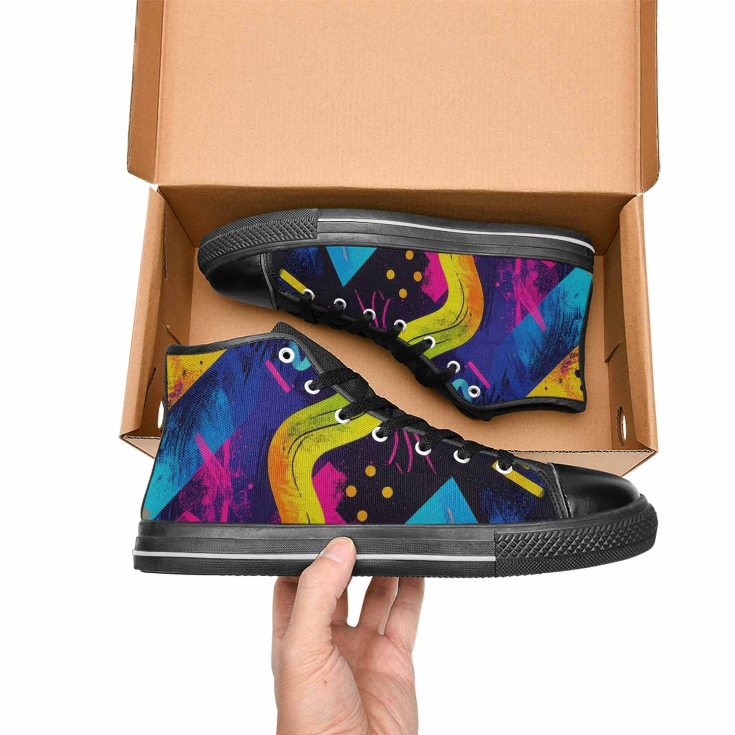 WOMEN'S Memphis Squiggles Triangles Dots High Top Canvas Neon Fantasy Shoes
