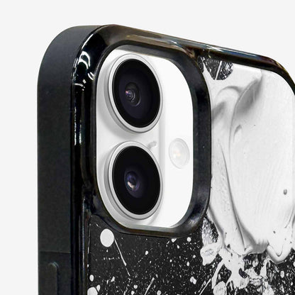 iPhone 16 Plus Case — White Ink Splatter Texture On Black, Original Design Phone Case