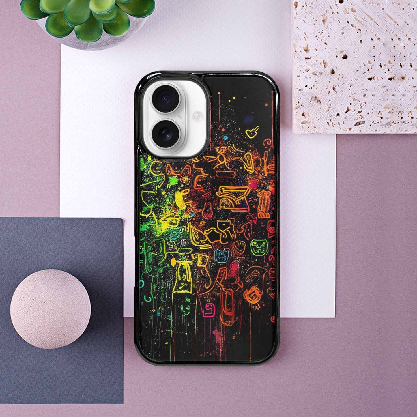iPhone 16 Case — Neon Glow Outline Icon Pattern Hundreds, Custom Phone Case