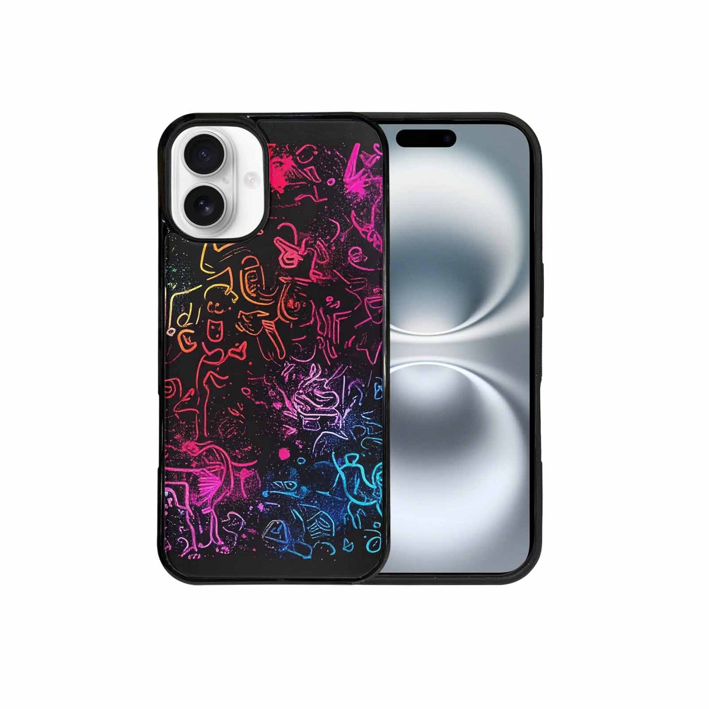 iPhone 16 Plus Case — Neon Glow Outline Icon Pattern Hundreds, Personalized Phone Case