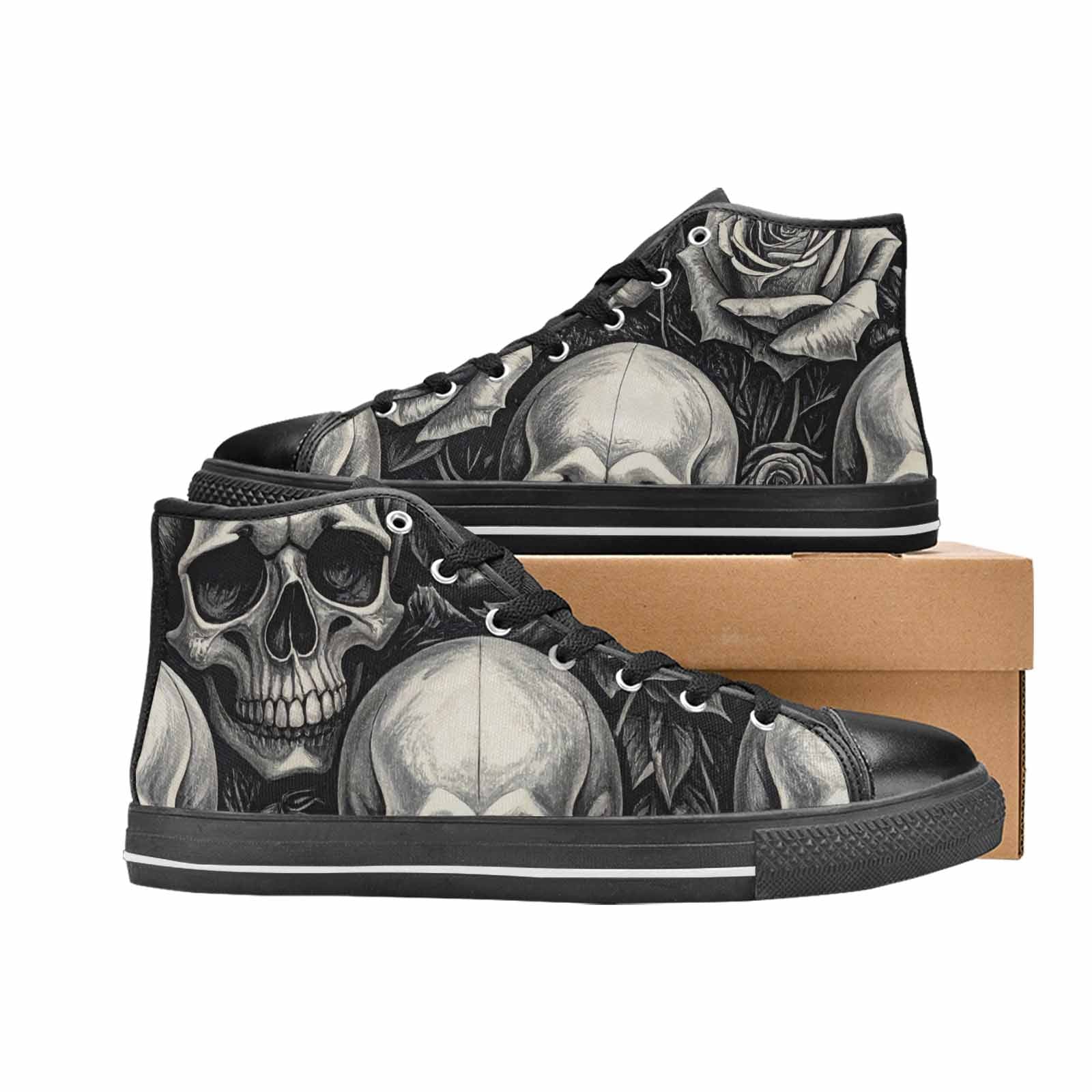 WOMEN'S Skulls Roses Black Ink High Top Canvas Aesthetic Custom Shoes