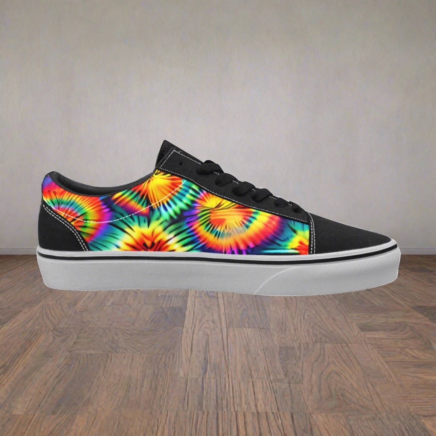 Men's Rainbow Tie Dye custom low-top canvas shoes — wearable art by Freaky Shoes