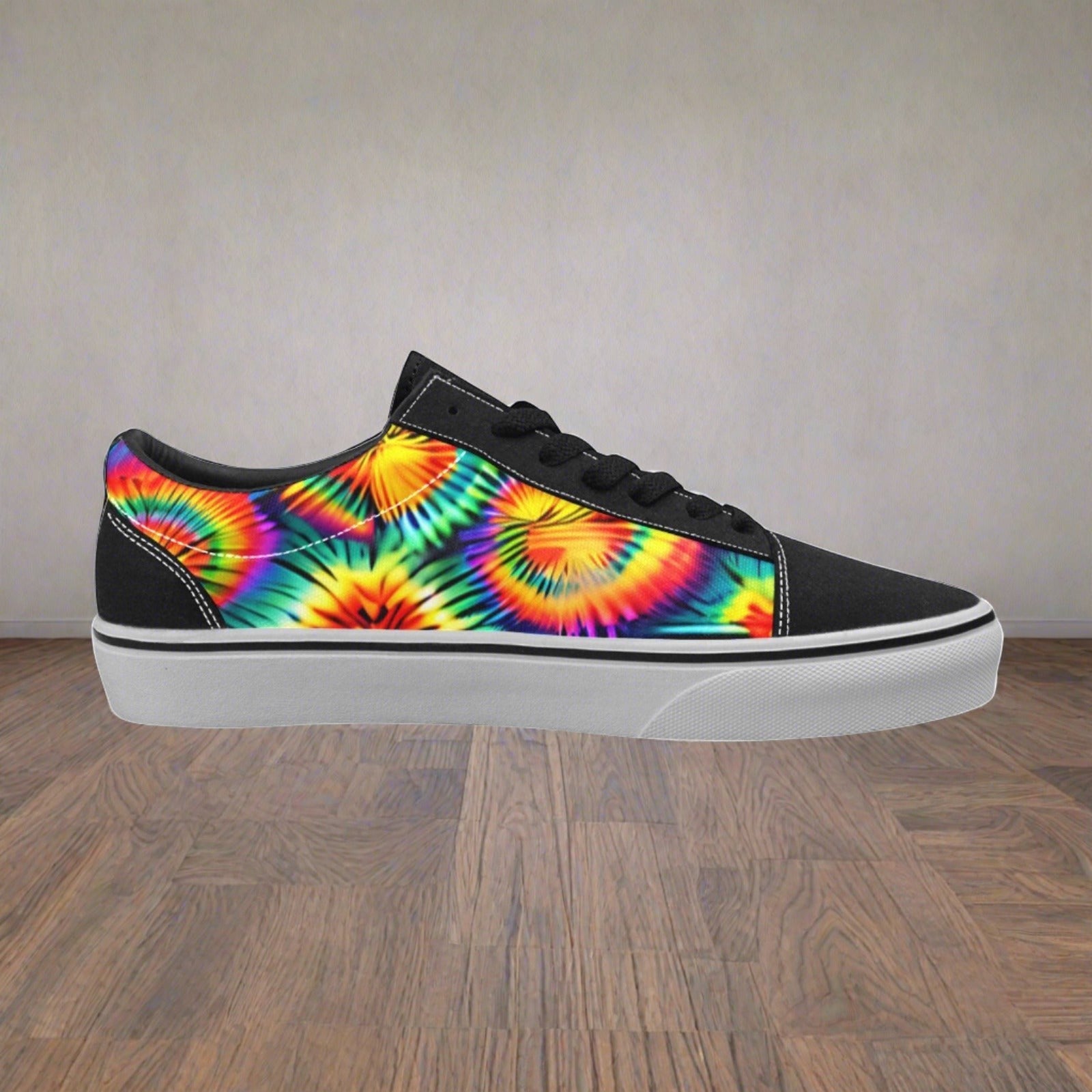Men's Rainbow Tie Dye custom low-top canvas shoes — wearable art by Freaky Shoes