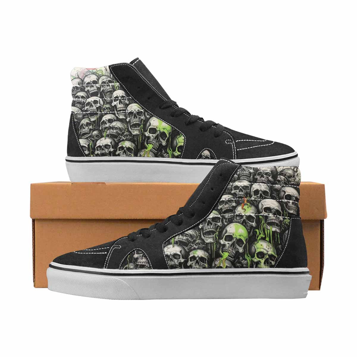 WOMEN'S Skulls Black & Green Ink High Top Canvas One Of A Kind Wallpaper Art Custom Streetwear Shoes