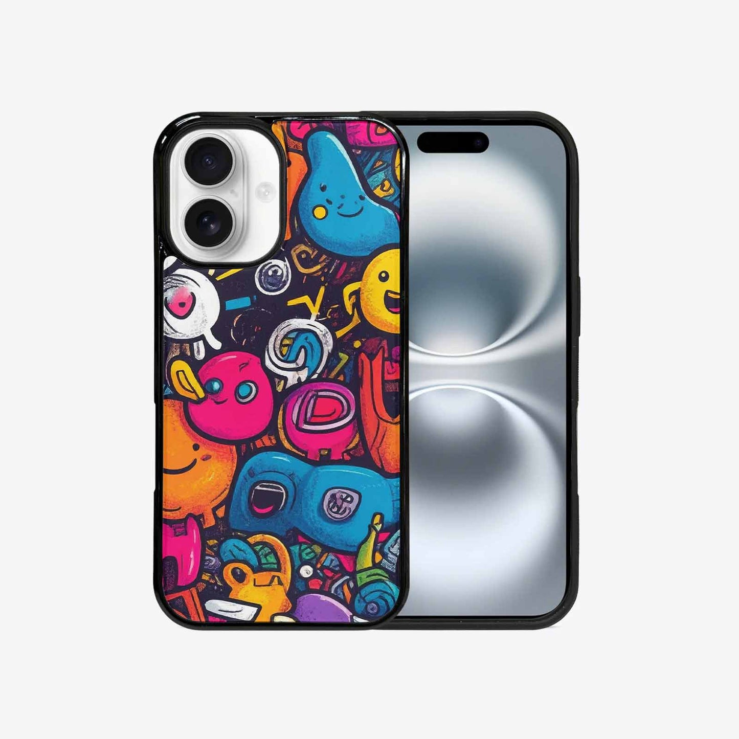 iPhone 16 Case — Hand Drawn Icon Doodle Pattern Hundreds, Unique Phone Case Design