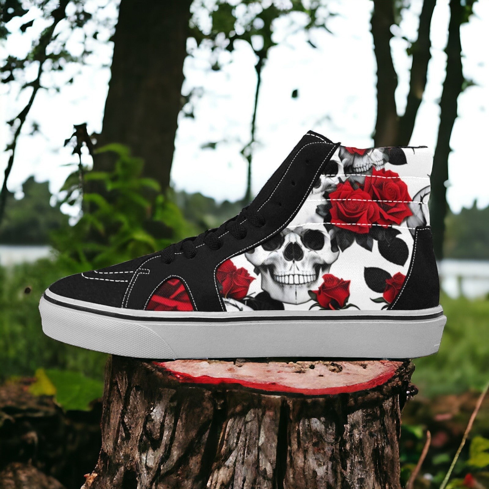 Men's Skulls Roses Deluxe high-top canvas shoes, custom full-wrap printed design — Freaky Shoes