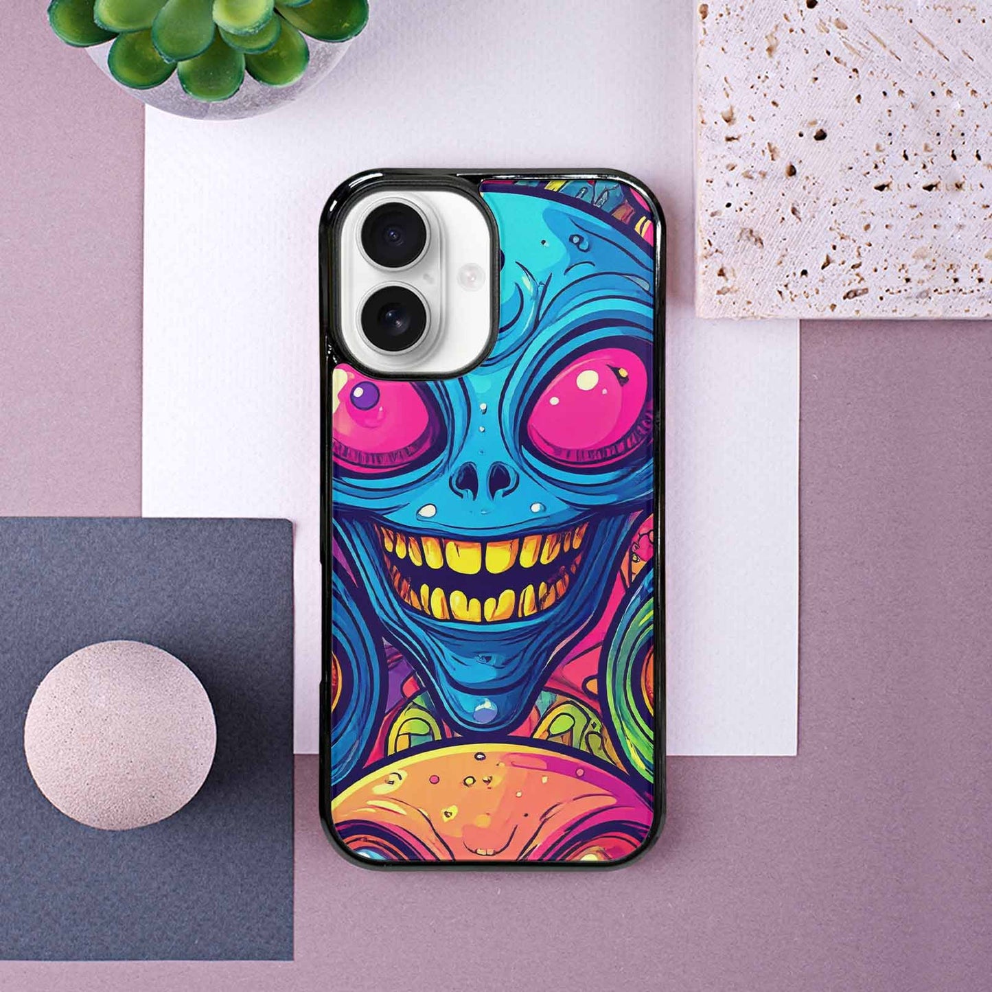 iPhone 16 Case — Alien Ufo Cartoon Art Pattern Groovy, Custom Art Phone Cover