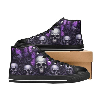 Freaky Shoes custom art sneakers with purple butterfly skull art, made to order wearable art