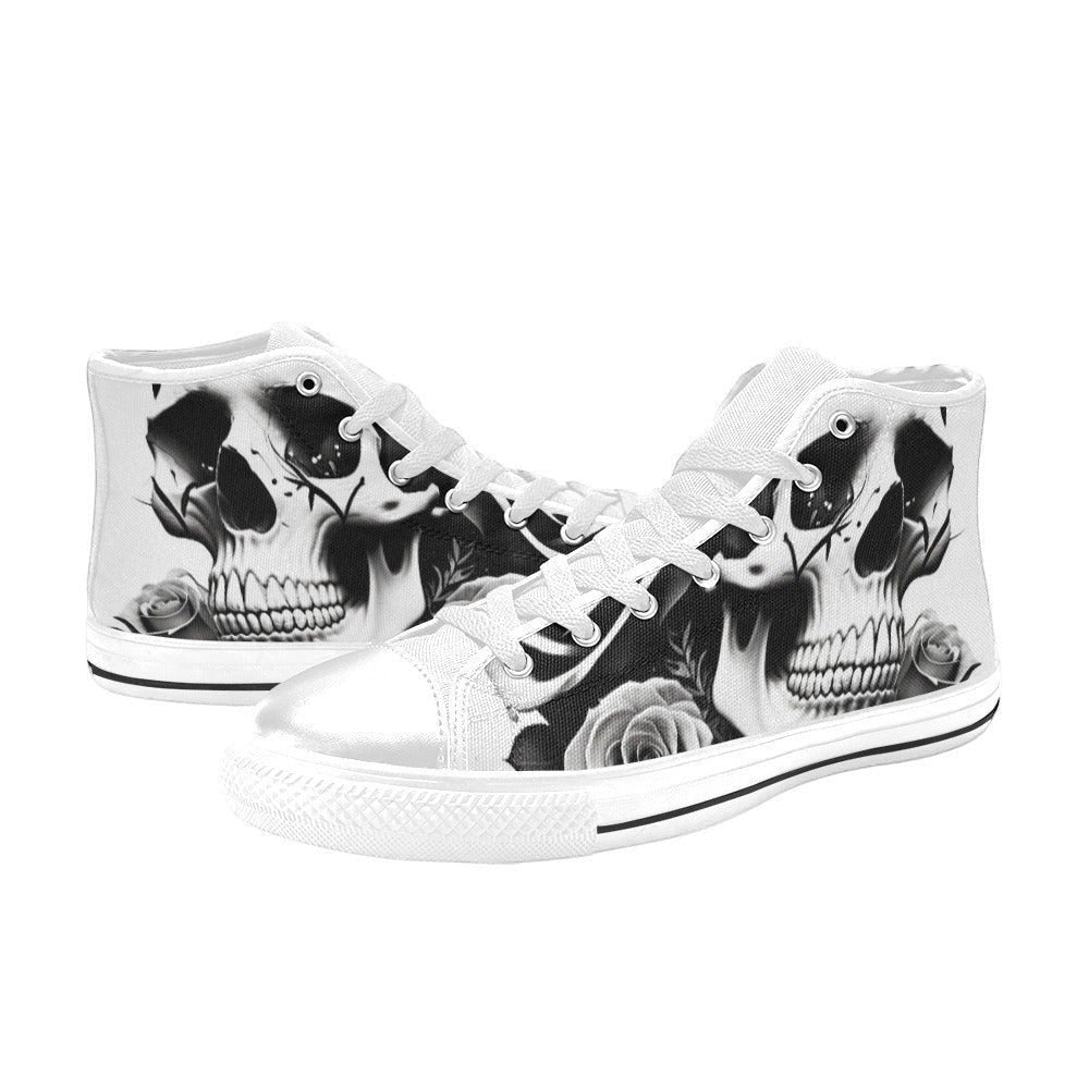 Freaky Shoes custom art sneakers with black and white skull art and roses, made to order