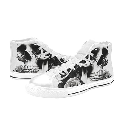 Freaky Shoes custom art sneakers with black and white skull art and roses, made to order
