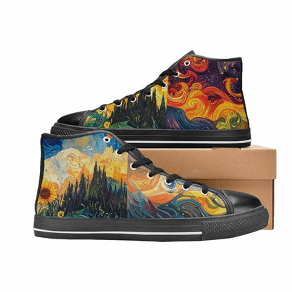 WOMEN'S Van Gogh-Style Swirl High Top Canvas Neon Fantasy Sneakers