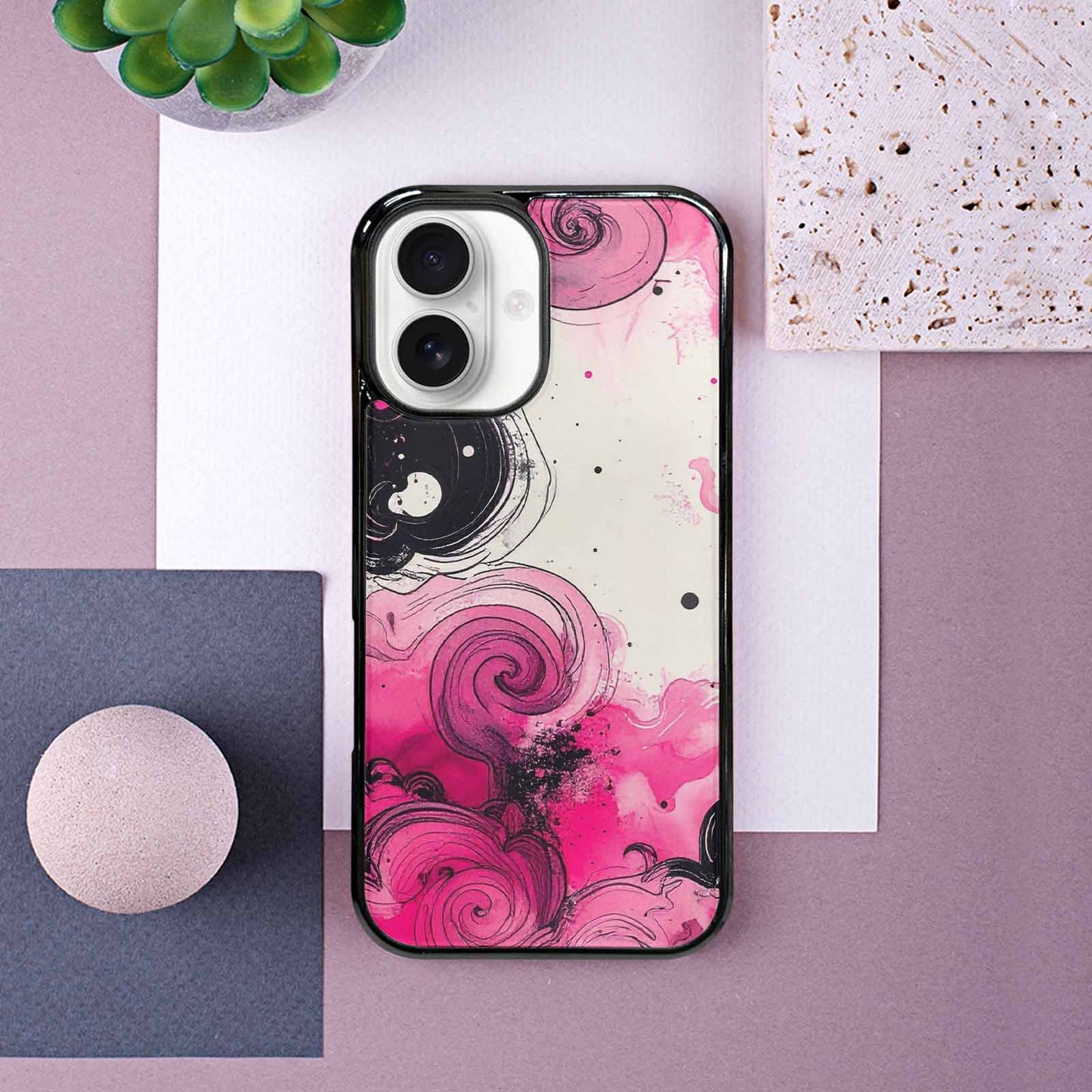 iPhone 16 Case — Van Gogh Swirl Black Pink Ink, Customized Protective Case