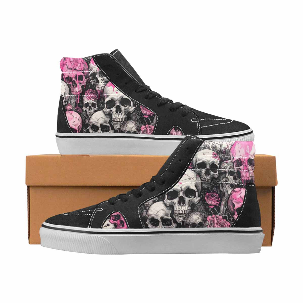 WOMEN'S Skulls Black & Pink Ink High Top Canvas Bold Print Cottagecore Custom Kicks