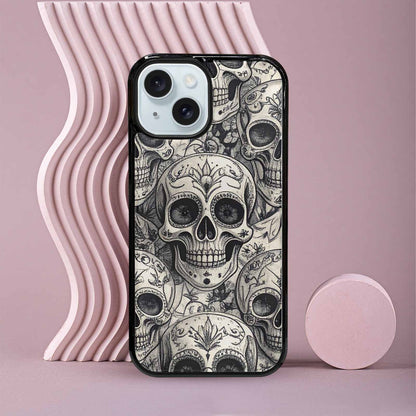 iPhone 15 Case — Intricately Detailed Sugar Skulls In Black, Custom Print Case Cover