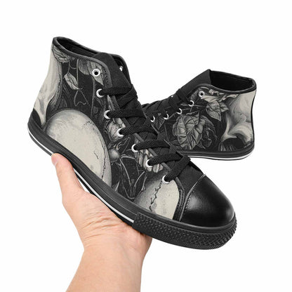 WOMEN'S Skulls Roses Pen Ink High Top Canvas Grunge Custom Shoes
