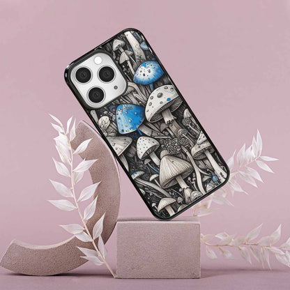iPhone 15 Pro Max Case — Mushrooms General Black Blue Ink Mushrooms, Custom Made Phone Cover