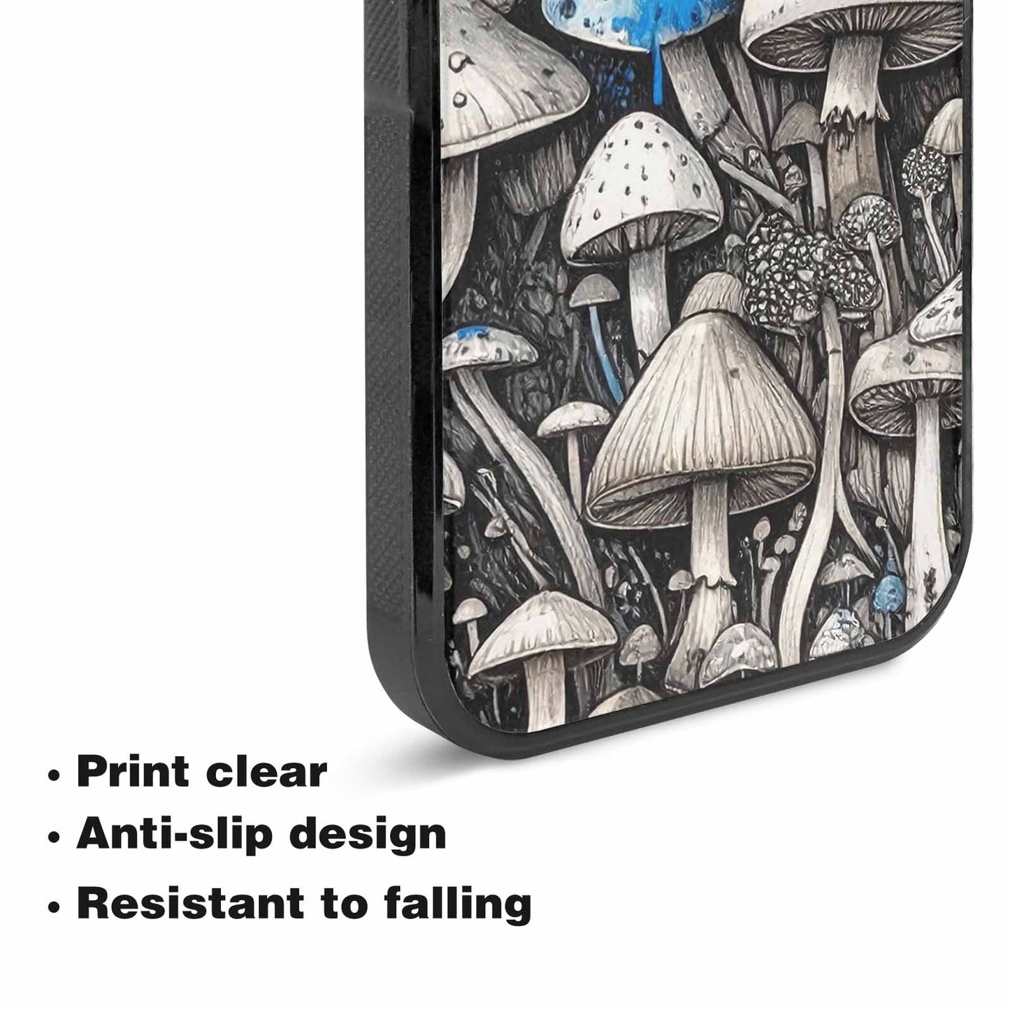 iPhone 15 Plus Case — Mushrooms General Black Blue Ink Mushrooms, Custom Printed Phone Case