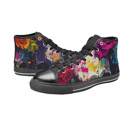 WOMEN'S Skulls Roses Acid Wash High Top Canvas Neon Fantasy Custom Sneakers