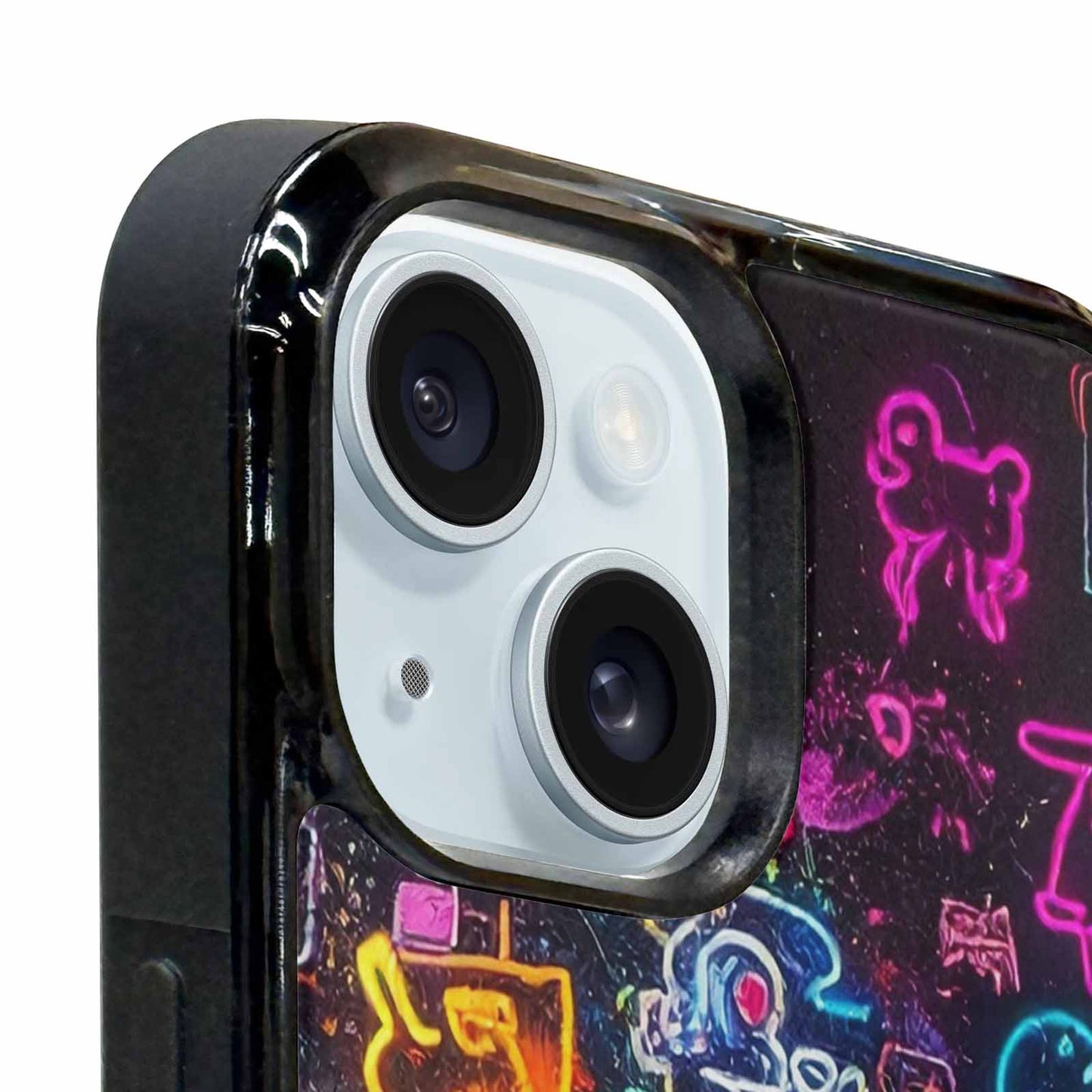 iPhone 15 Plus Case — Neon Glow Outline Icon Pattern Hundreds, Custom Made Phone Cover