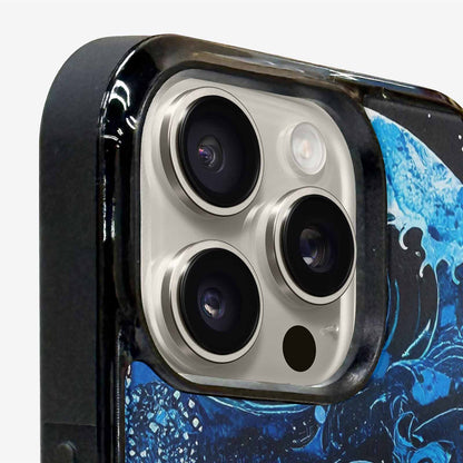 iPhone 15 Pro Max Case — Nautical Wave Black Blue Ink Wave, Custom Made Phone Cover