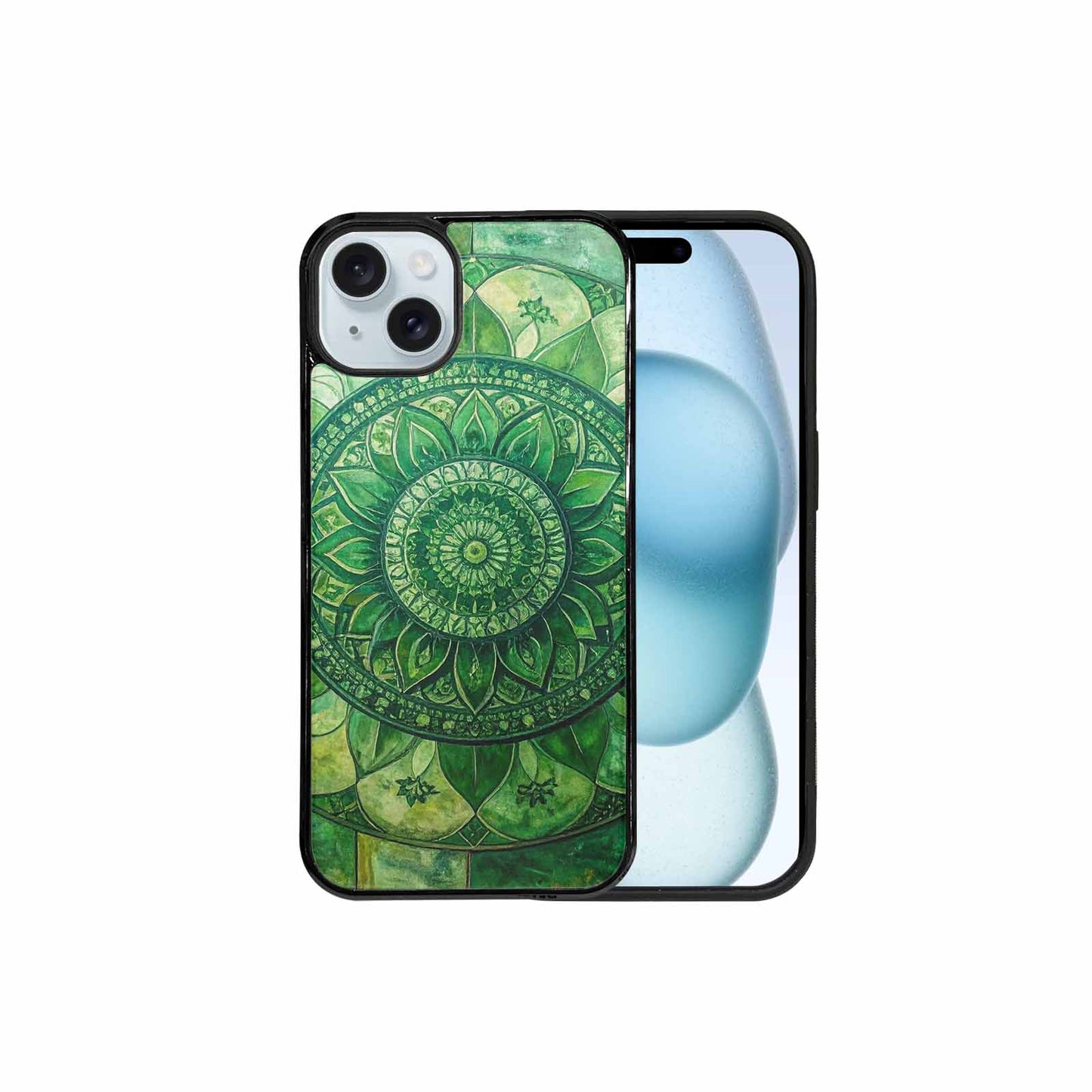 iPhone 15 Plus Case — Green Mandala Bohemian Print Edge To, Custom Art Phone Cover