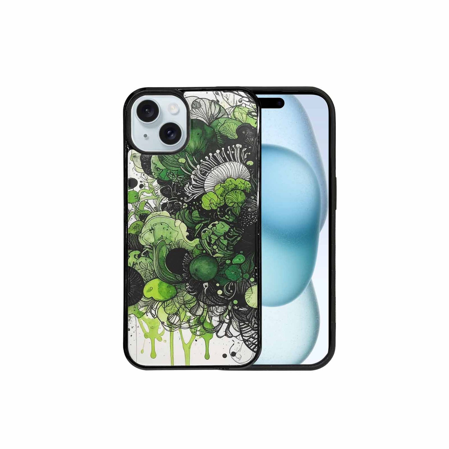 iPhone 15 Plus Case — Sea Creature Burst Black Green Ink, Custom Printed Phone Case